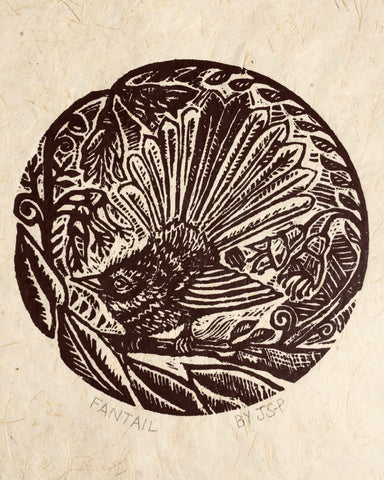 The Fantail House, Handmade, New Zealand Made,Art, Woodcut print, Fantail