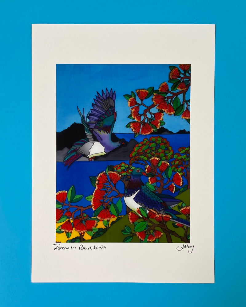 The Fantail House, Jo May, Art Print, Keruru in Pohutukawa