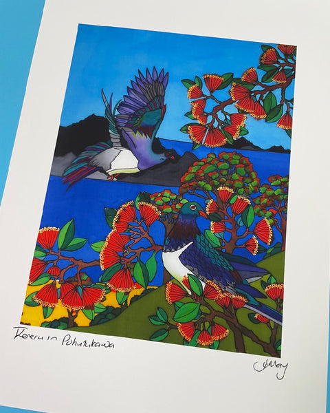 The Fantail House, Jo May, Art Print, Keruru in Pohutukawa