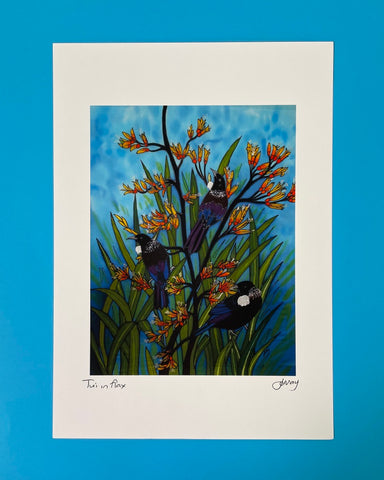 The Fantail House, Jo May, Art Print, Tui in Flax