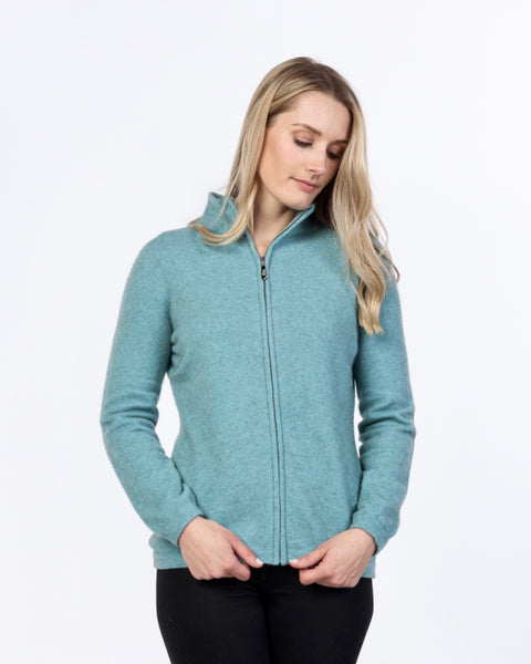 The Fantail House, Native World, Made in New Zealand, Possum Merino, Full Zip Jacket, Topaz