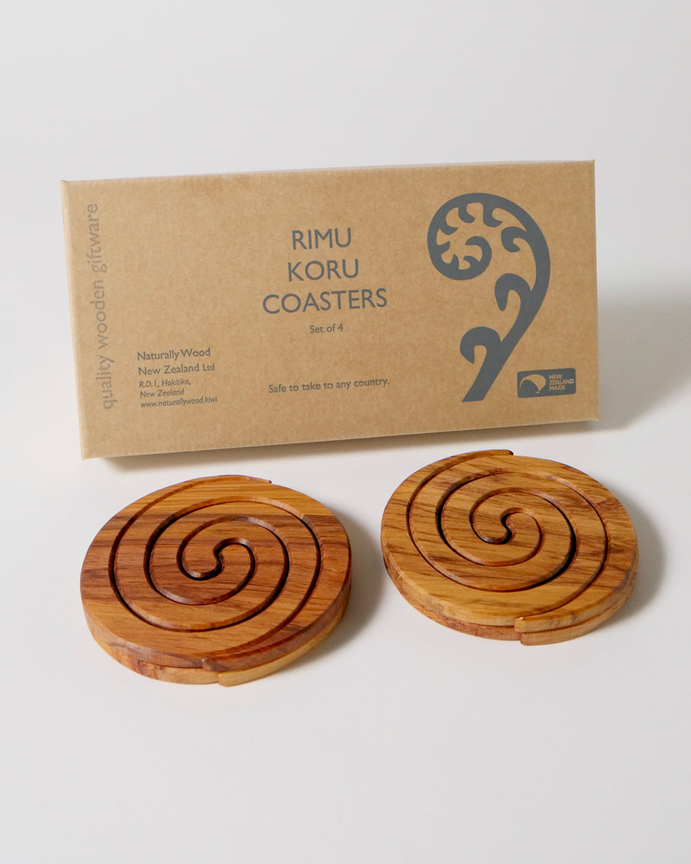 The Fantail House. Made iN New Zealand, Rimu, Coasters, Koru