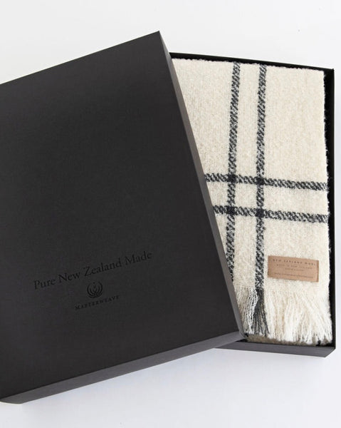 Xmas, Gift, Box, Christmas, The Fantail House, Master Weave, Made in New Zealand, Wool Twill Throw, Cream Window Check