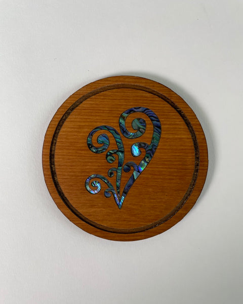 The Fantail House, Designcraft, Made in NZ, Aotearoa, Coasters, Paua, Rimu, Veneer, Koru