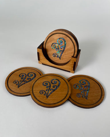 The Fantail House, Designcraft, Made in NZ, Aotearoa, Coasters, Paua, Rimu, Veneer, Koru