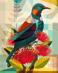 The Fantail House, Ellen Giggabach, Greeting Card, Tui in Pohutukawa