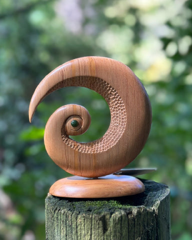 Koru Sculpture, Native wood, hand carved, made in NZ, Robyn Harper, Fantail House